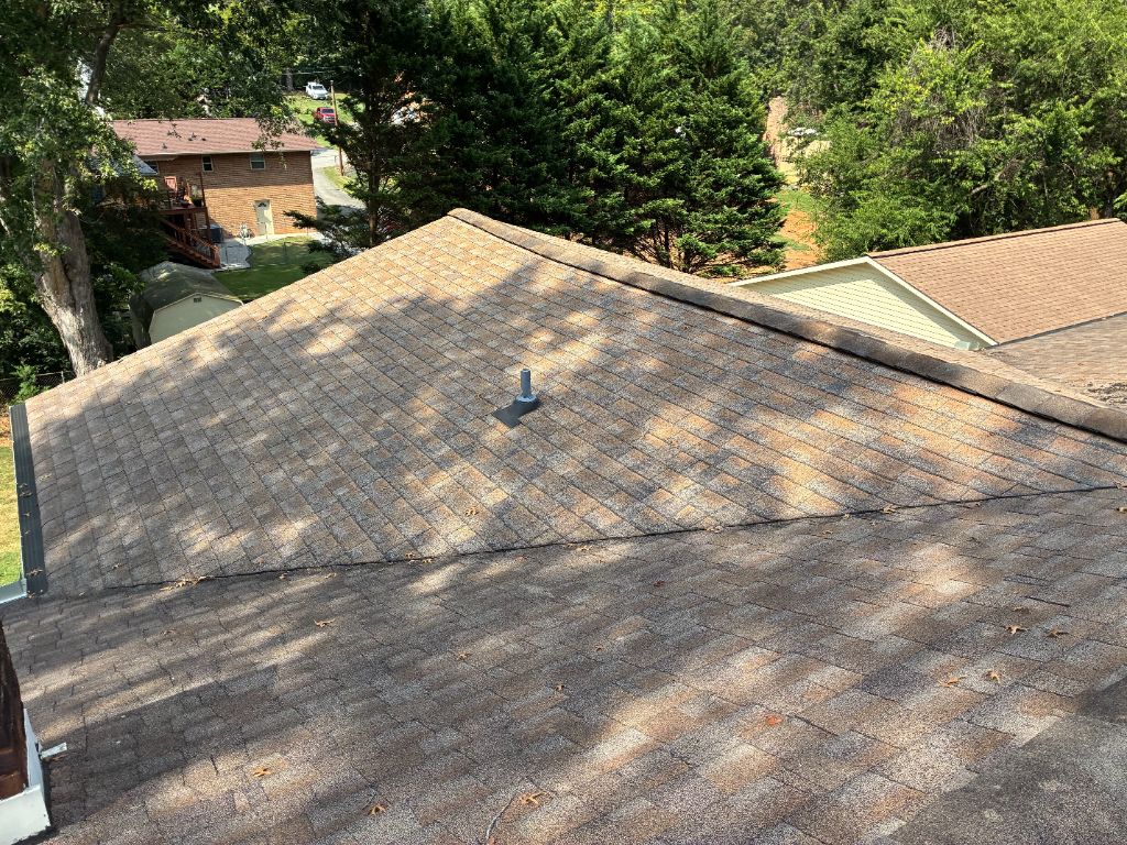 Before: aerial view of an aging asphalt shingle roof ahead of a full replacement near Seymour, TN